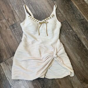 Rotita Swim Dress Women Large Cream Lace Up Ribbed Side Knot One Piece Swimsuit